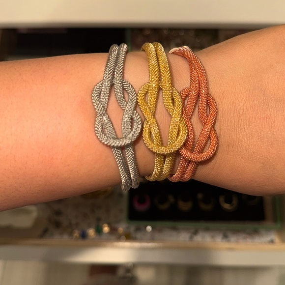 3 ITEM BUNDLE! Gold, Silver and Rose Gold/Pink Knot Mesh Metal Bracelets. - Picture 1 of 1